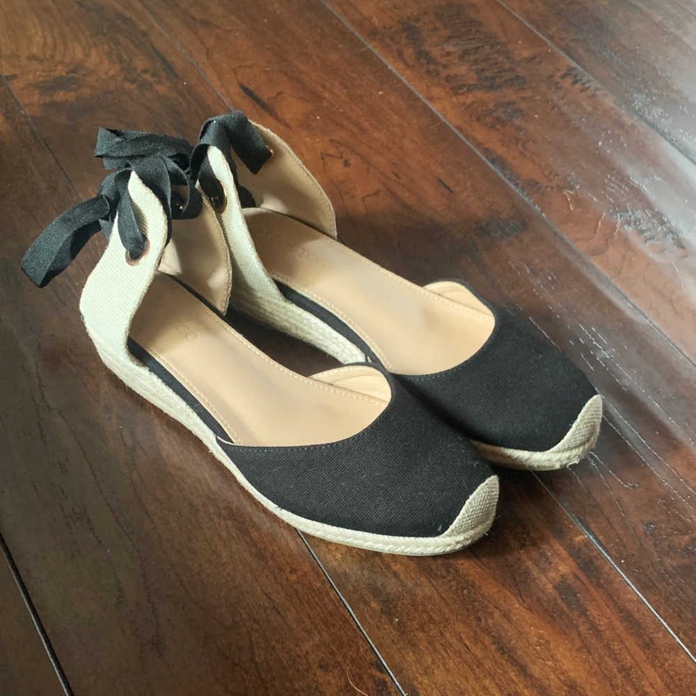 Black Canvas Espadrille Wedges with Ankle Tie